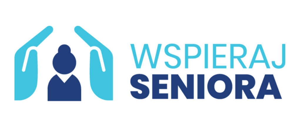 logo kampanii wspieraj seniora, dwie dłonie w kolorze błękitnym obejmujące graficzną postać staruszki w kolorze granatowym