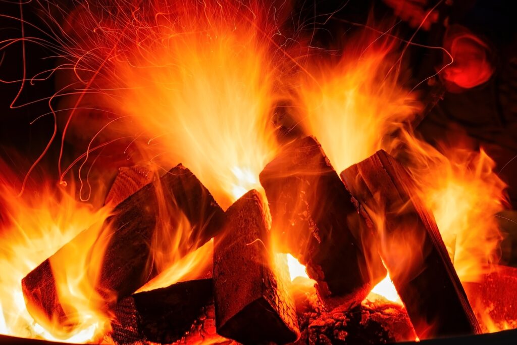 zdjęcie palących się kawałków drewna kominkowego