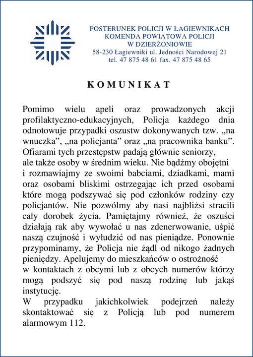 komunikat posterunku policji w Łagiewnikach w sprawie odnotowanych przypadków przestępstw na szkodę osób starszych w szczególności oszustw na tzw. wnuczka.